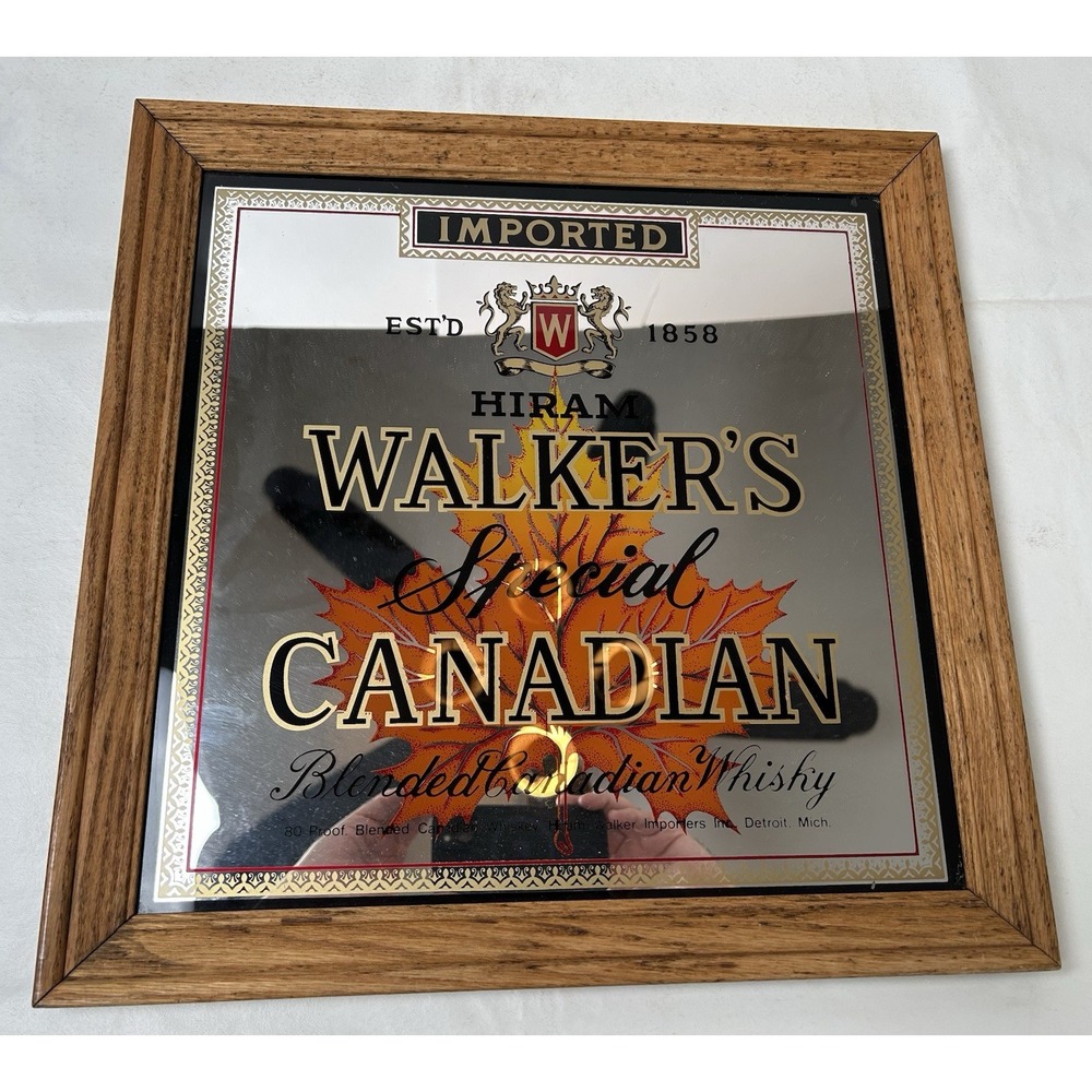 VTG Hiram Walker's Special Canadian Whiskey Wood Framed Bar Mirror 16" x 16"